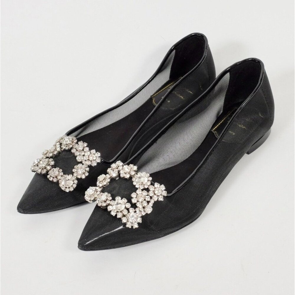 Roger Vivier 37 US 7 ballet flats strass crystal buckle black mesh